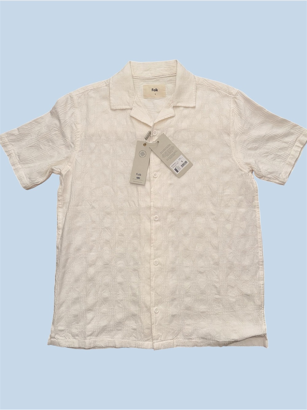 Folk Mapped Shirt NWT – Ecru Textured Cotton Camp Collar – Size S